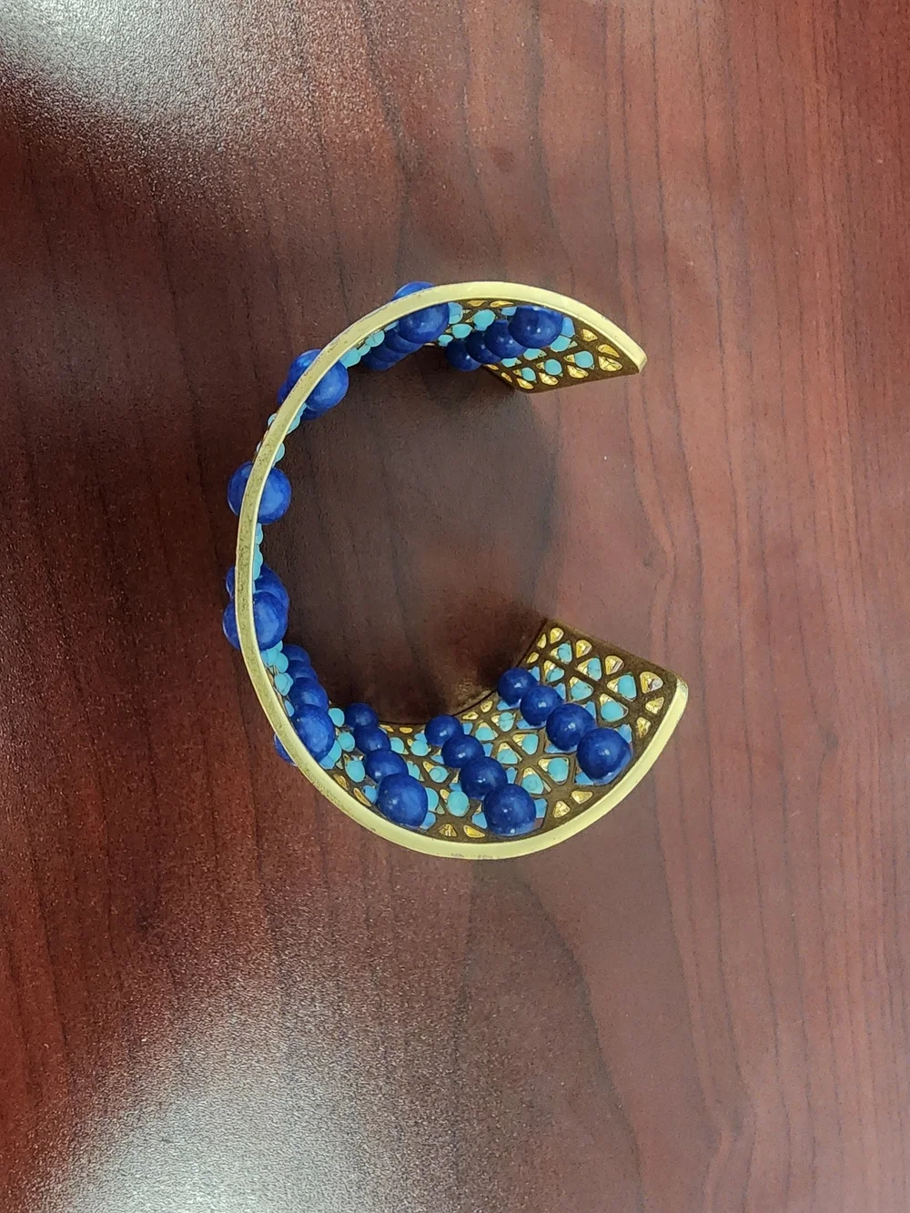 Stella & Dot Abacus Gold-Tone Lattice Cuff with Royal Blue and Light Blue Beads